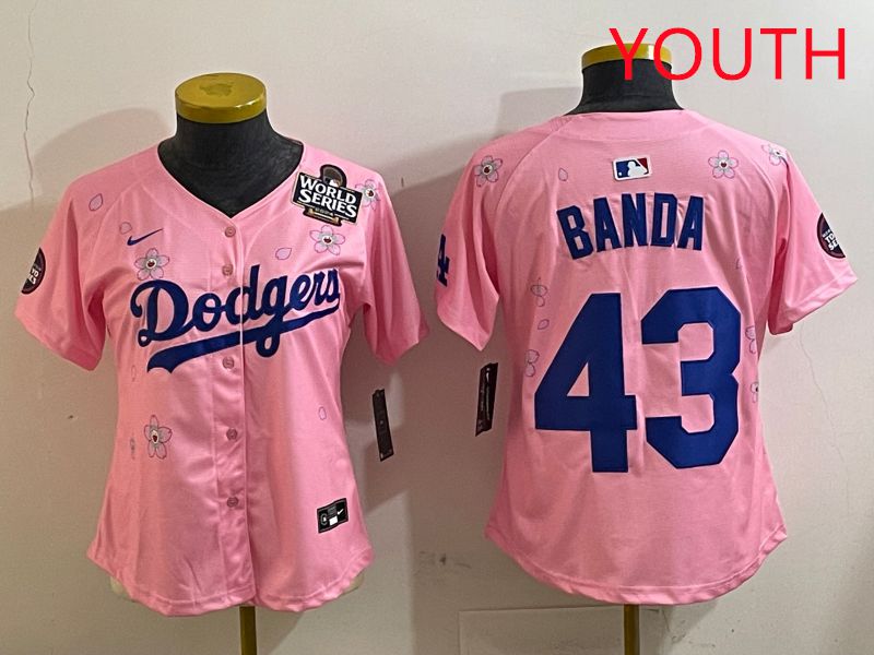 Youth Los Angeles Dodgers #43 Banda Pink White Blue Sakura Edition 2025 Nike MLB Jersey style 7->youth mlb jersey->Youth Jersey
